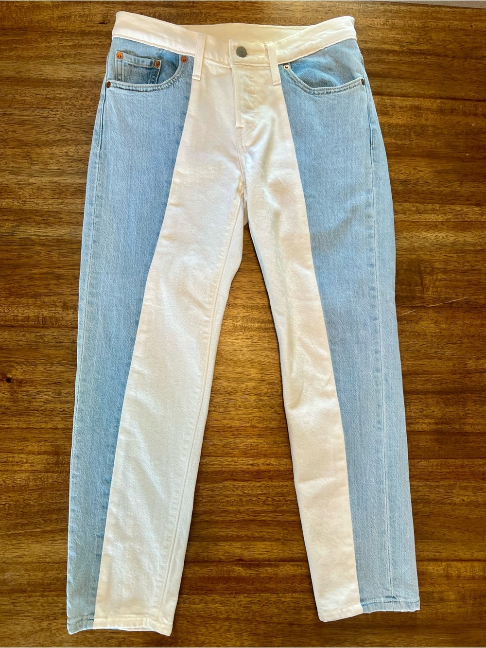 Women’s Levi’s 501 Tapered Two-Tone Light Blue and White Jeans